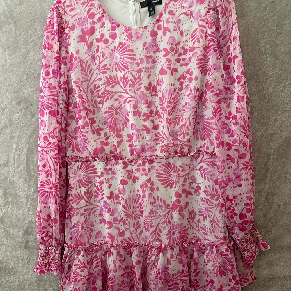 Aqua Pink Floral Patterned Long‎ Sleeves Dress